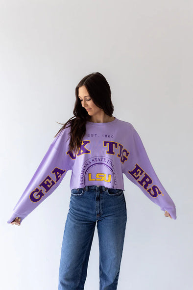 Gameday Social Lavender LSU Split Cropped LongSleeve
