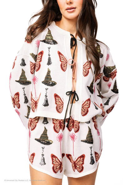 QOS Licensed White, Pink, & Green Butterfly, Broom, & Wand Tie Front Cardigan *PRESALE*