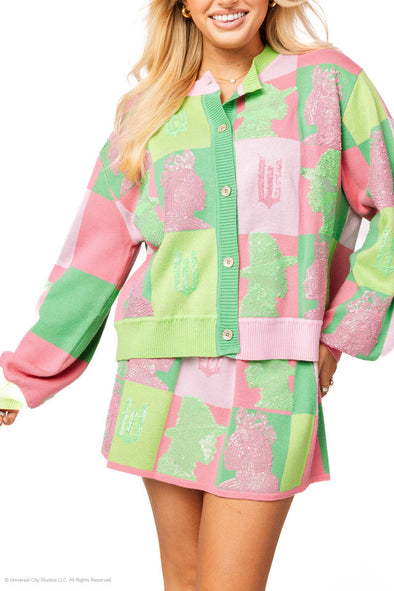 QOS Licensed Pink & Green Colorblock Glinda & Elphaba Profile Cardigan *PRESALE*