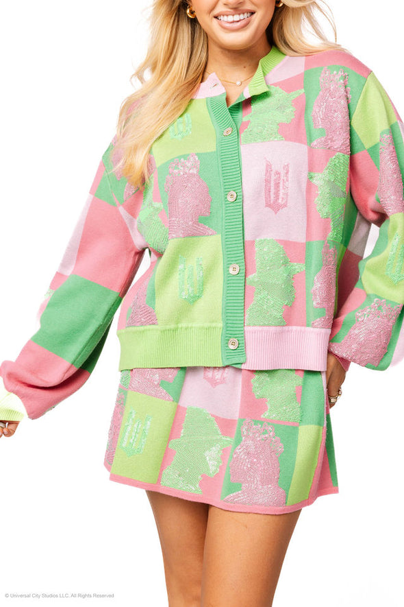 QOS Licensed Pink & Green Colorblock Glinda & Elphaba Profile Cardigan *PRESALE*