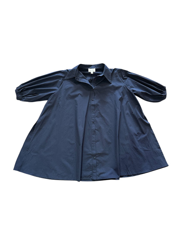 P.Cill Poplin Puff Sleeve Side Slit Button Up Tunic- Navy