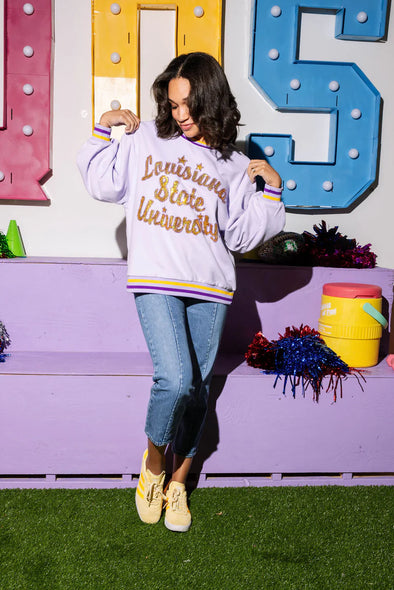 QOS Lavender Sequin/Bead Vintage LSU Sweatshirt