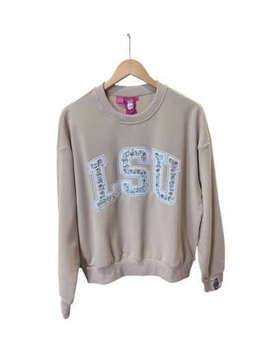 QOS Licensed LSU Tan with White Jewel Letter Sweatshirt