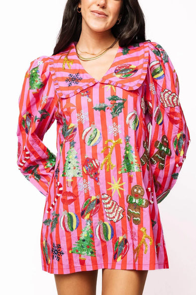 QOS Pink & Red Stripe Christmas Icon Collar Dress