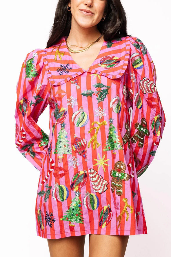 QOS Pink & Red Stripe Christmas Icon Collar Dress