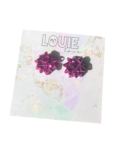 Louie Love Christmas Jewelry Pink Holiday Bow Present Stud Earrings