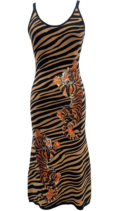 QOS Black & Tan Tiger Stripe Midi Dress