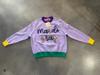 QOS Lavender, Green & Yellow Mardi Gras Sparkle Sweater