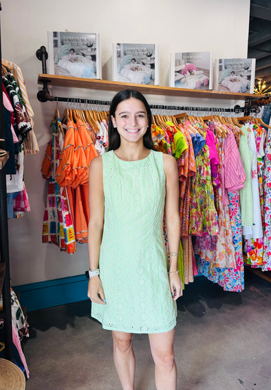 Reminiscence Lime Embroidered Mini Dress