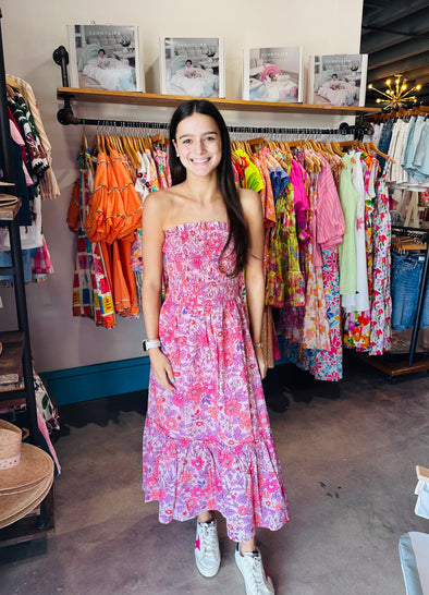 Fate by LFD Pink Floral Strapless Midi Dress