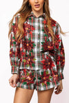 QOS Red, Green, & White Plaid Poinsettia Cotton Button Up Top