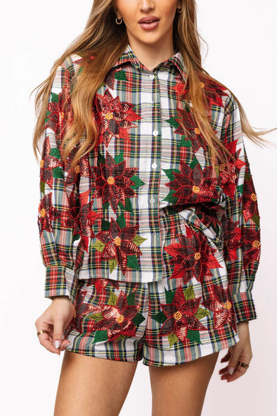 QOS Red, Green, & White Plaid Poinsettia Cotton Button Up Top