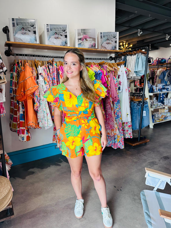 Fate by LFD Orange Tropical Linen Ruffle Sleeve Romper