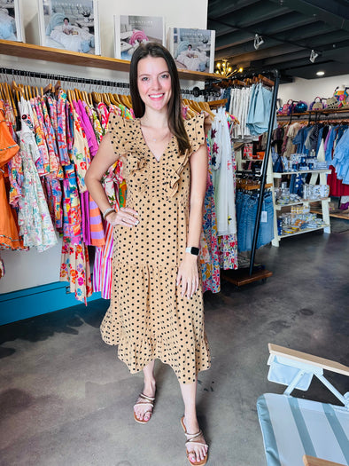 Reminiscence Brown Ruched Cotton Polka Dot Midi Dress