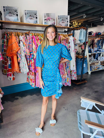 Aureum Blue Ruched Sash Mini Dress