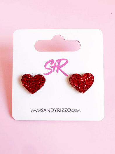 Sandy + Rizzo Red Glitter Heart Stud Earrings