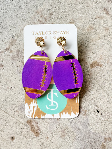 Taylor Shaye Mirrored Purple and Gold Football Earrings