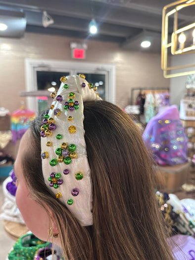 BC Adult Size White Shimmer Mardi Gras with Beads & Crystals
