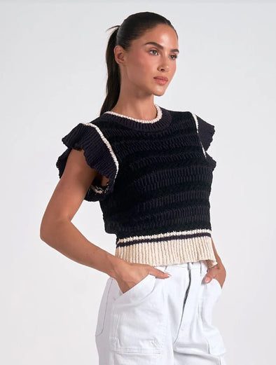 Elan Black and Beige Cap Sleeve Sweater