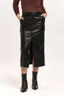 Dear John Black Leather Midi Skirt