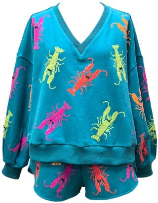 QOS Teal Neon V-Neck Crawfish Sweatshirt