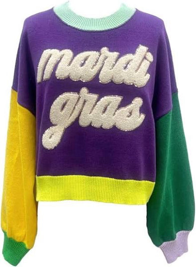 QOS Colorblock Fuzzy "Mardi Gras" Sweater