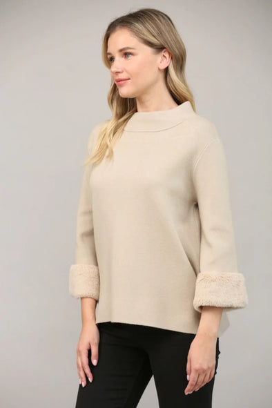 Fate by LFD Taupe Fur Sleeve Mock Sweater