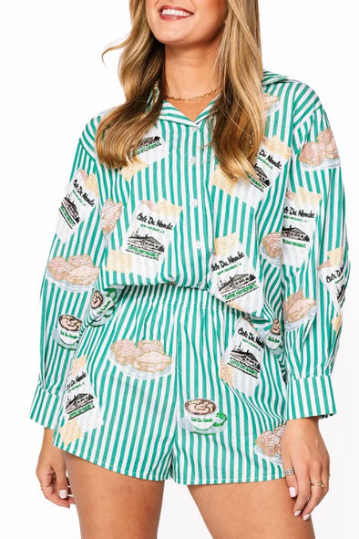 QOS Green & White Stripe Cafe Du Monde Icon Button Up Top