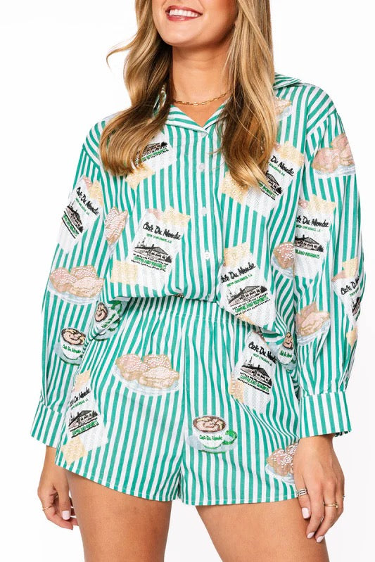 QOS Green & White Stripe Cafe Du Monde Icon Button Up Top