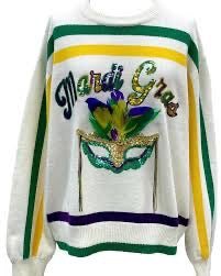 QOS White Striped Mardi Gras Mask Sweater