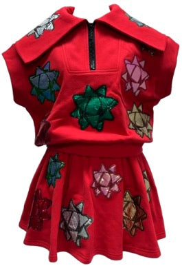 QOS Red Metallic Bow Collar Top