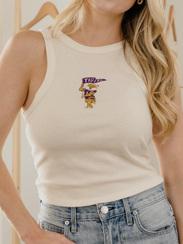 Livy Lu LSU Tigers Mascot Flag Off White Micro Cropped Tank