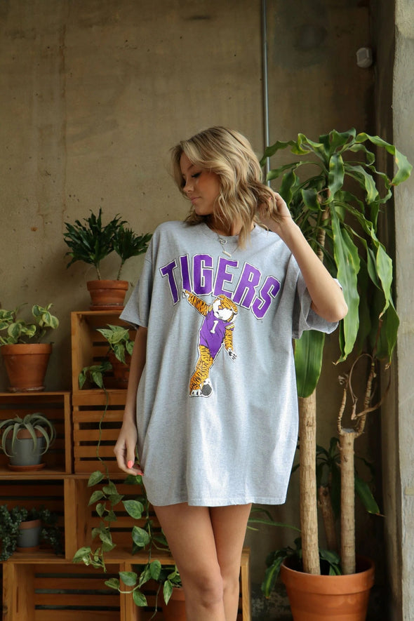 Livy Lu LSU Tigers Cartoon Mascot Puff Ink Gray Thrifted Tee