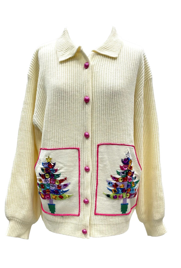 QOS White Tree Pocket Cardigan