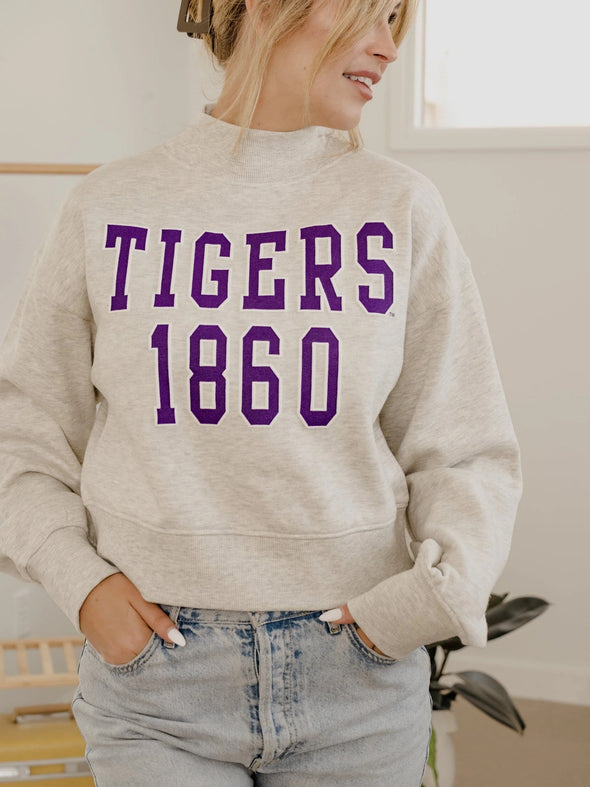 Livy Lu LSU Tigers College Block Puff Ink Gray Mock Neck Hi-Dave Sweatshirt