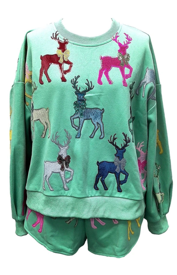 QOS Mint Green Sweatshirt with Velvet Reindeer & Bows