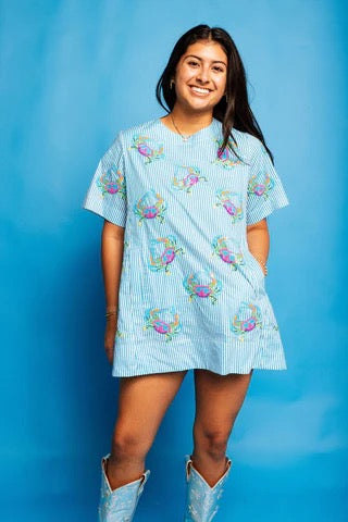 QOS Blue Striped Rainbow Crab Cotton Dress