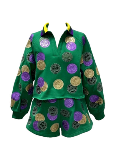 QOS Green Mardi Gras Dabloons Collar Sweatshirt