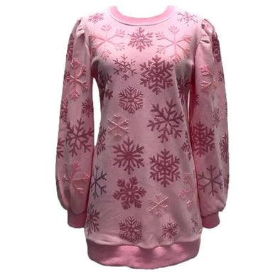 QOS Pink Iridescent Snowflake Poof Sleeve Sweatshirt Dress