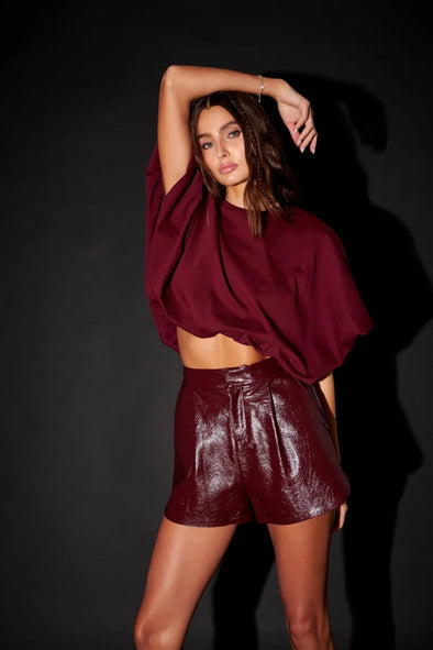 Grey Lab Burgundy High Waisted Faux Leather Shorts