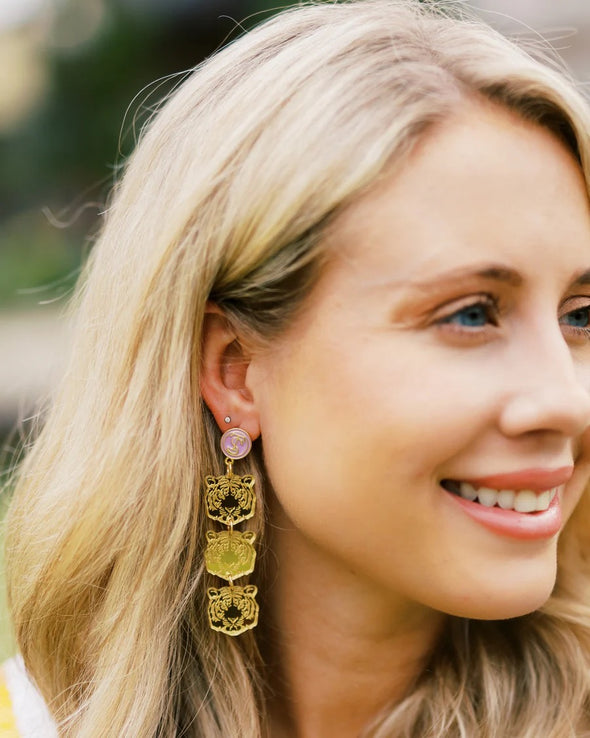Taylor Shaye Gold Tiger Triple Tiger Head Drop Earrings