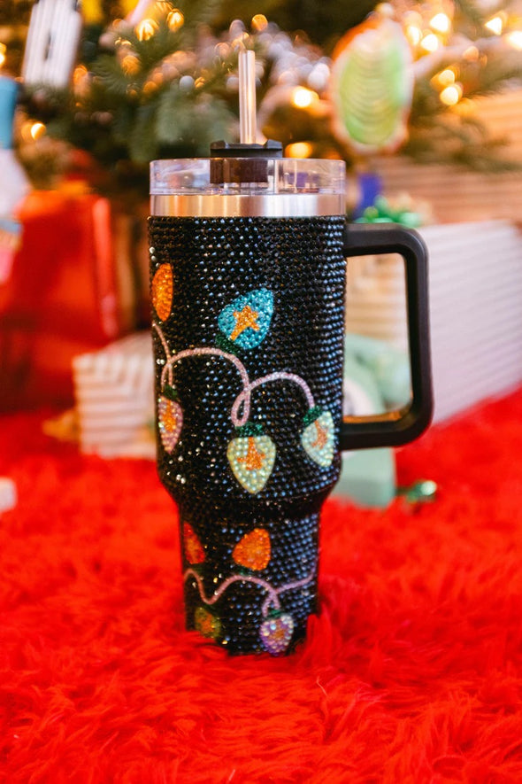 QOS Black Multi Christmas Light Rhinestone Tumbler