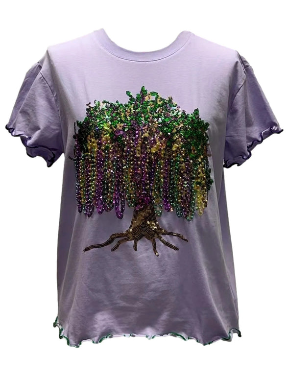 QOS Lavender Frill Edge Beads in Tree Tee