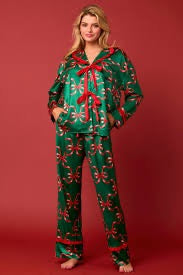 Peach Love Satin Green/Red Bow Pajamas Pants