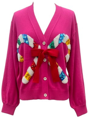 QOS Pink Candy Cane and Bows Cardigan