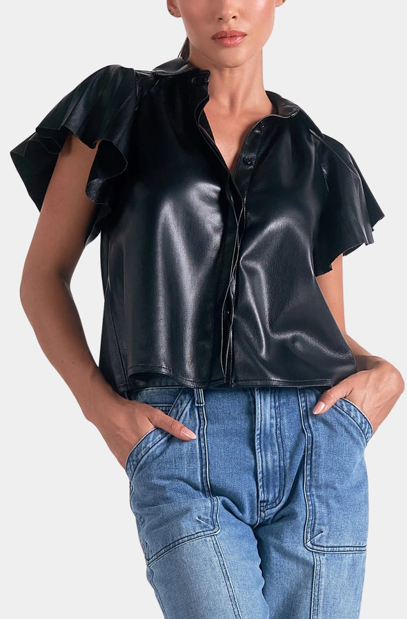 Elan Black Leather Flutter Sleeve Top