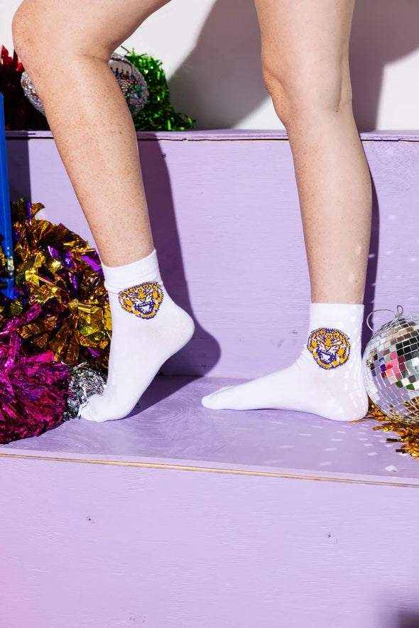 QOS White LSU Tiger Rhinestone Socks