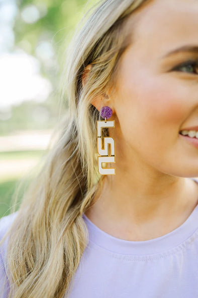 Taylor Shaye LSU White Purple Glitter Acrylic Drop Earrings