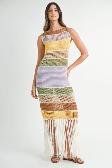 Mable Fringed Crochet Knit Dress