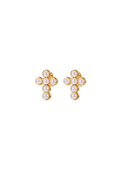 HJane Pearl Cross Stud Earrings